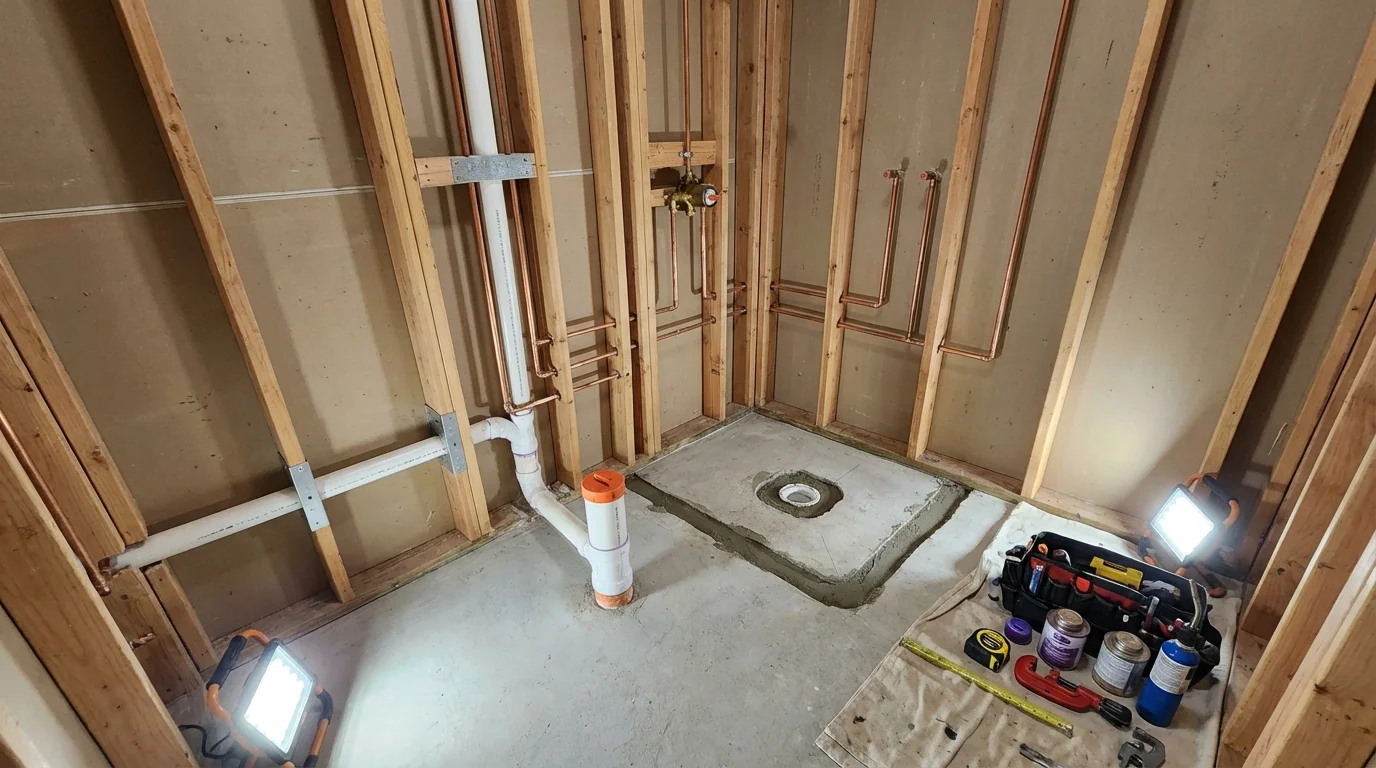 Bathroom rough-in plumbing during remodel by Johns Plumbing LLC in John Day