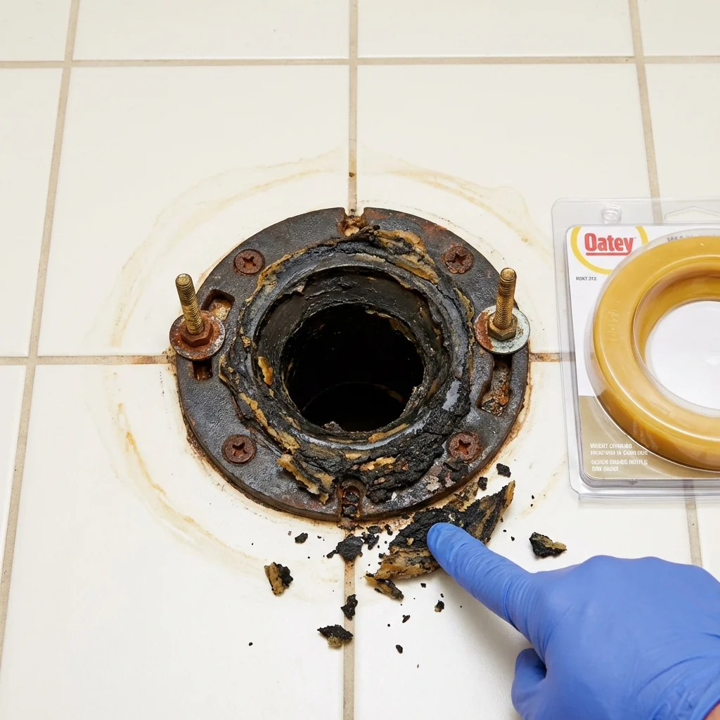 Failed wax ring showing water seepage at the base of a toilet in a John Day, OR home
